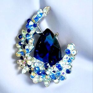 Blue Crescent Rhinestone Brooch
